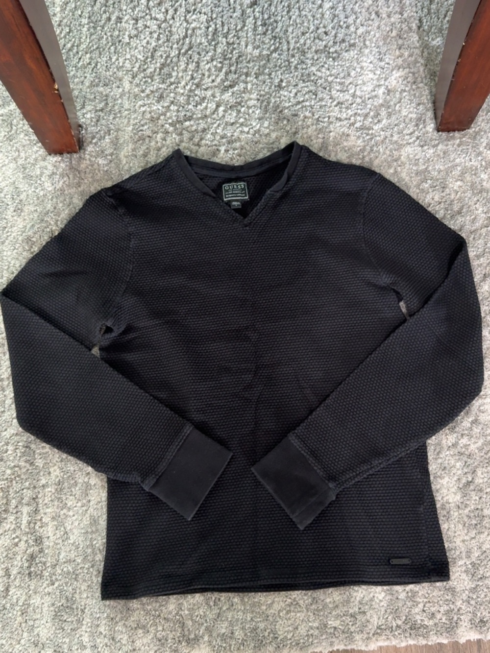 Guess Men's Black V-Neck Textured Sweater